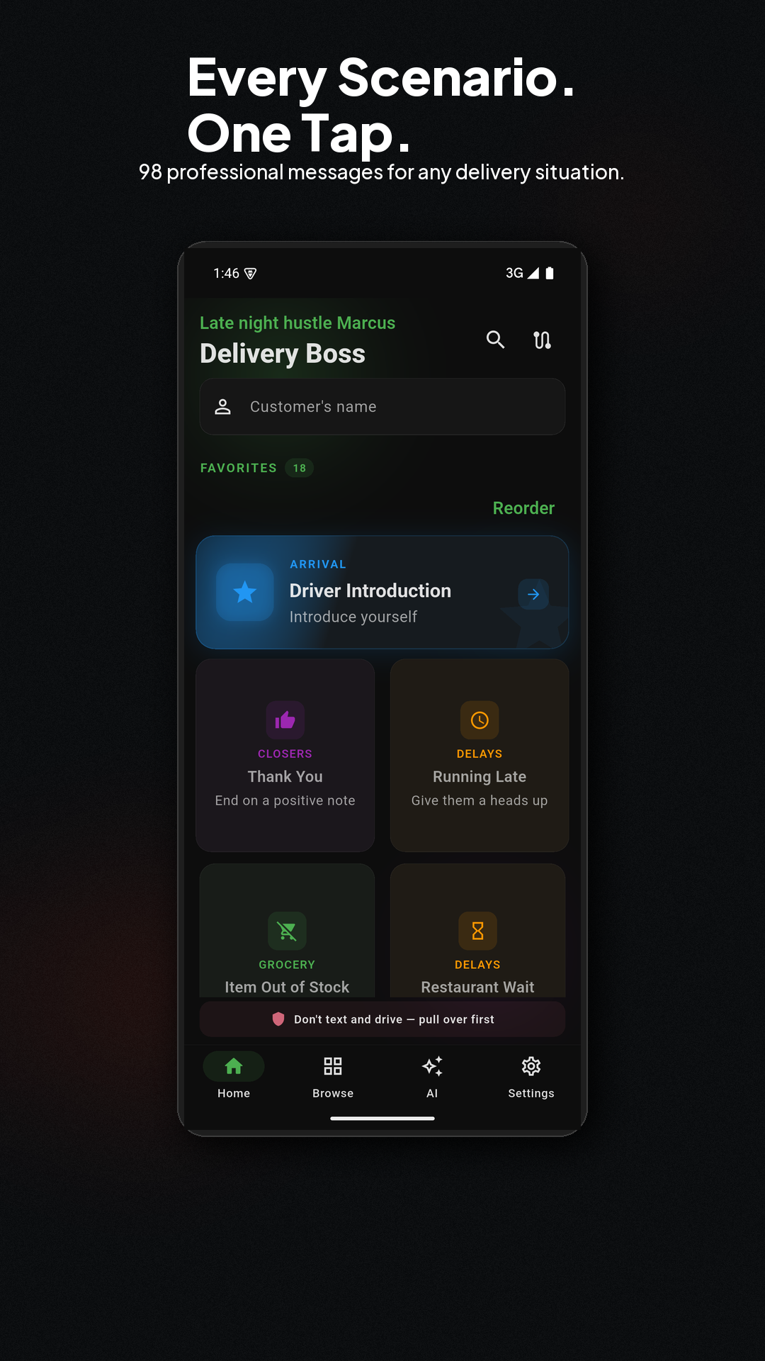 Delivery Boss app home screen showing message categories