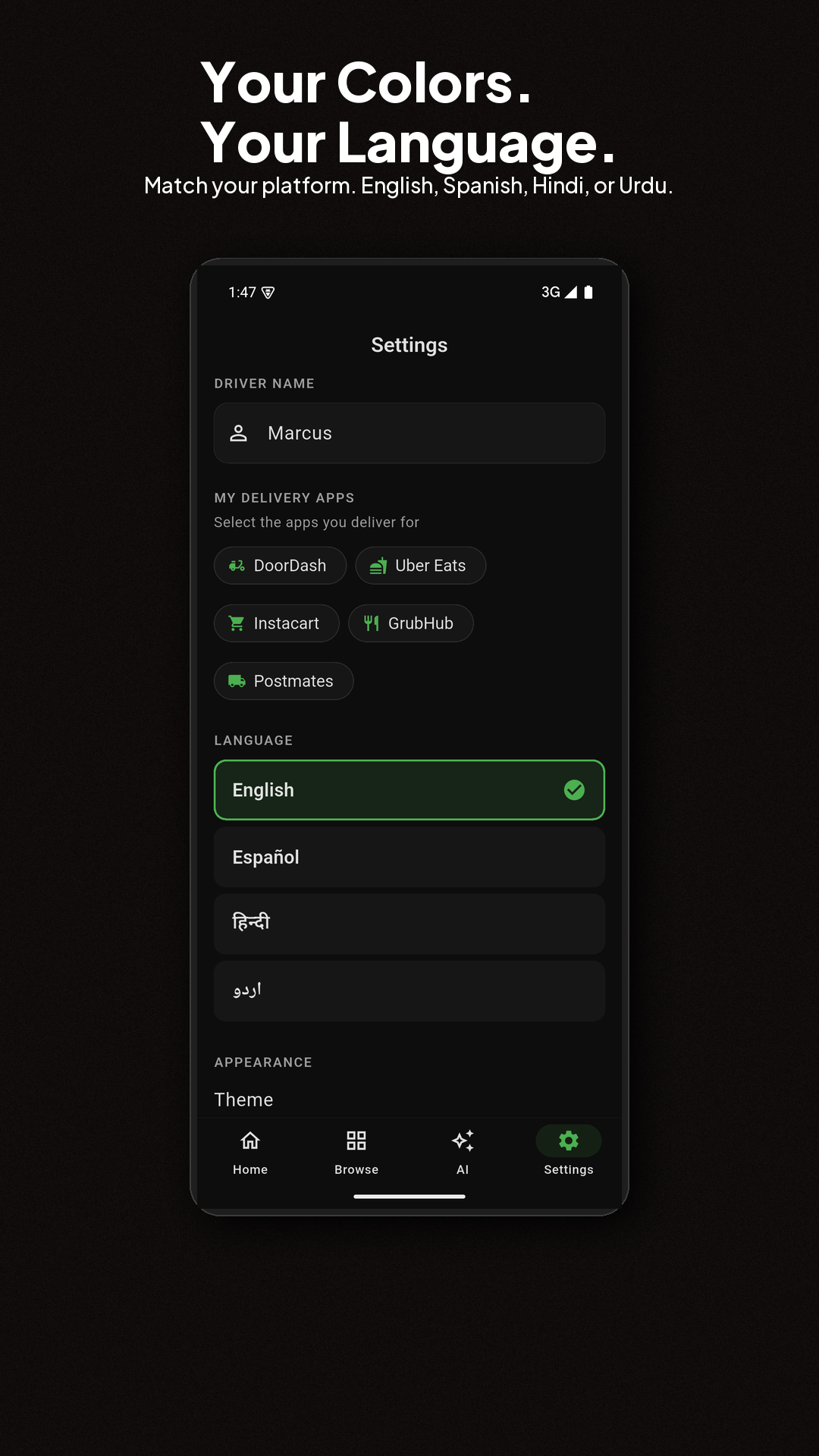 Theme and language settings