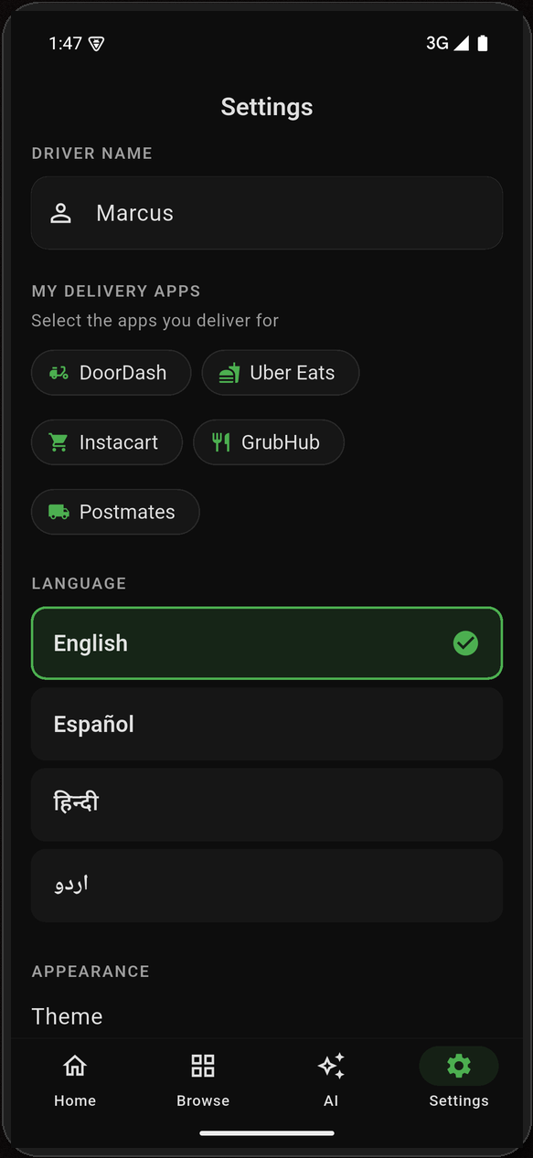 Theme and language settings